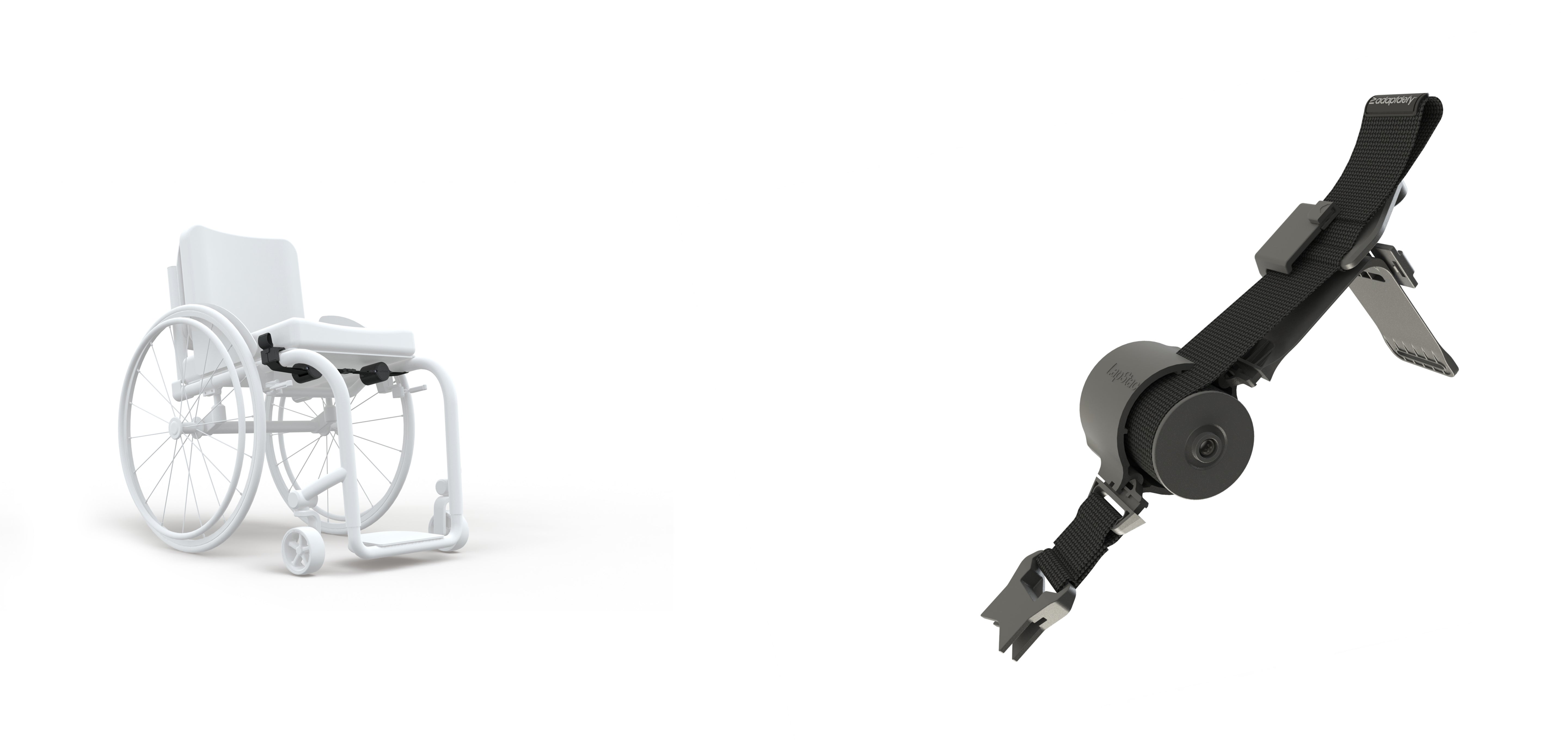 Render of LapStacker Flex installed on a manual wheelchair and an exploded view of one of the assemblies.