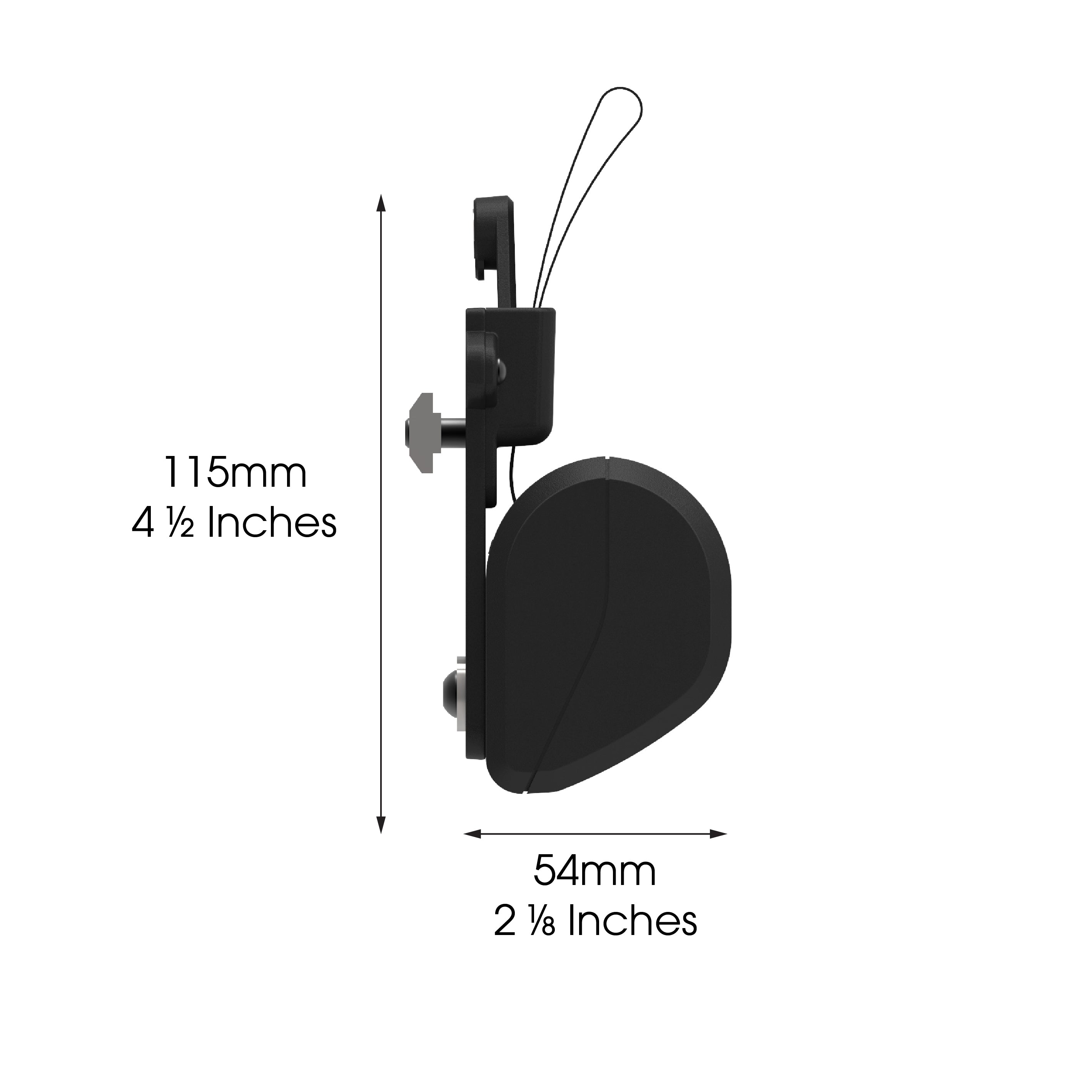 LapStacker XD retractor unit shown standign upright against a white background in profile view with measurements 