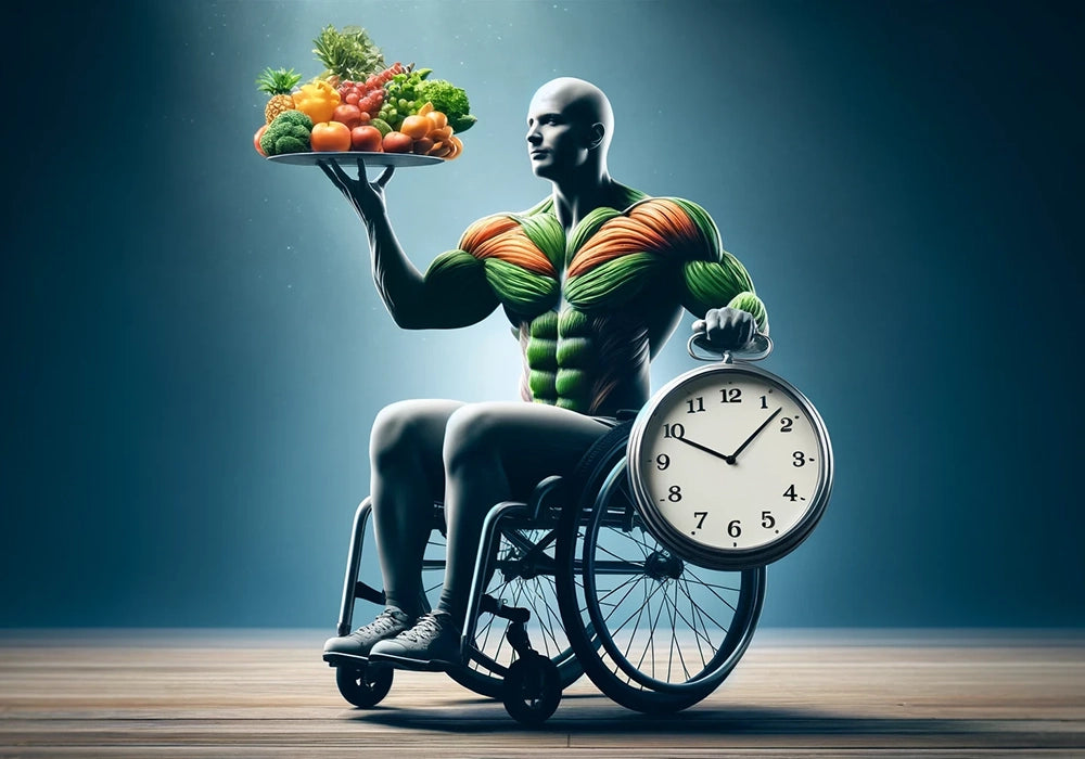 Profile of a fit person in a wheelchair, gazing left with a serene look. Holds a clock, symbolizing intermittent fasting. Background evokes calm