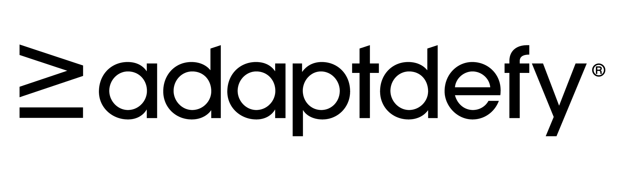 Logo starting with the greater than or equal sign followed by the name adaptdefy, all in black and white