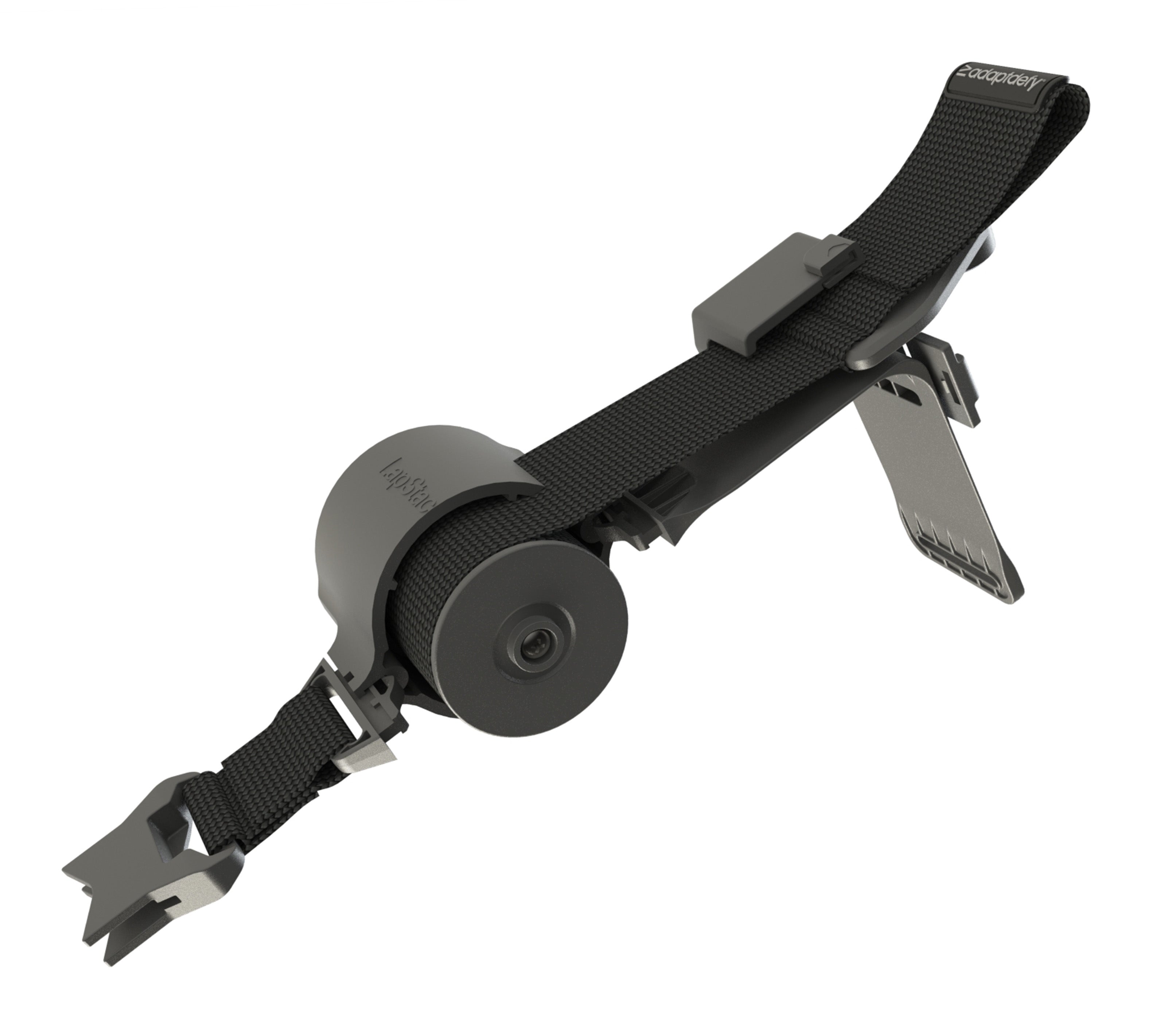 Exploded view of LapStacker Flex components, showing the webbing spool, buckle holder and magnetic buckle