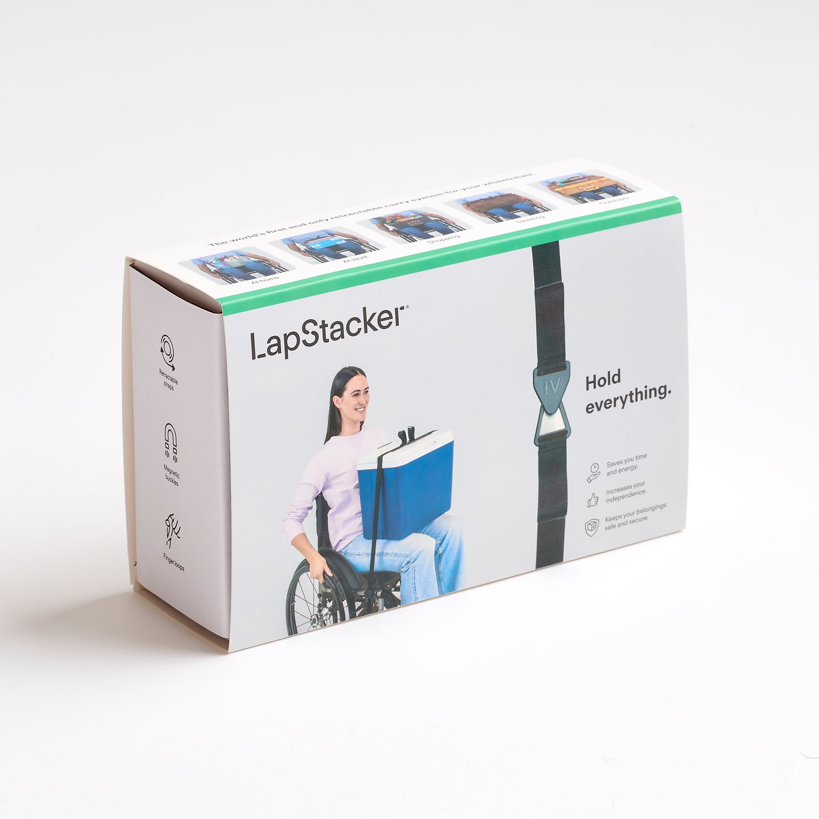 LapStacker Flex Retractable carry system for your wheelchair.