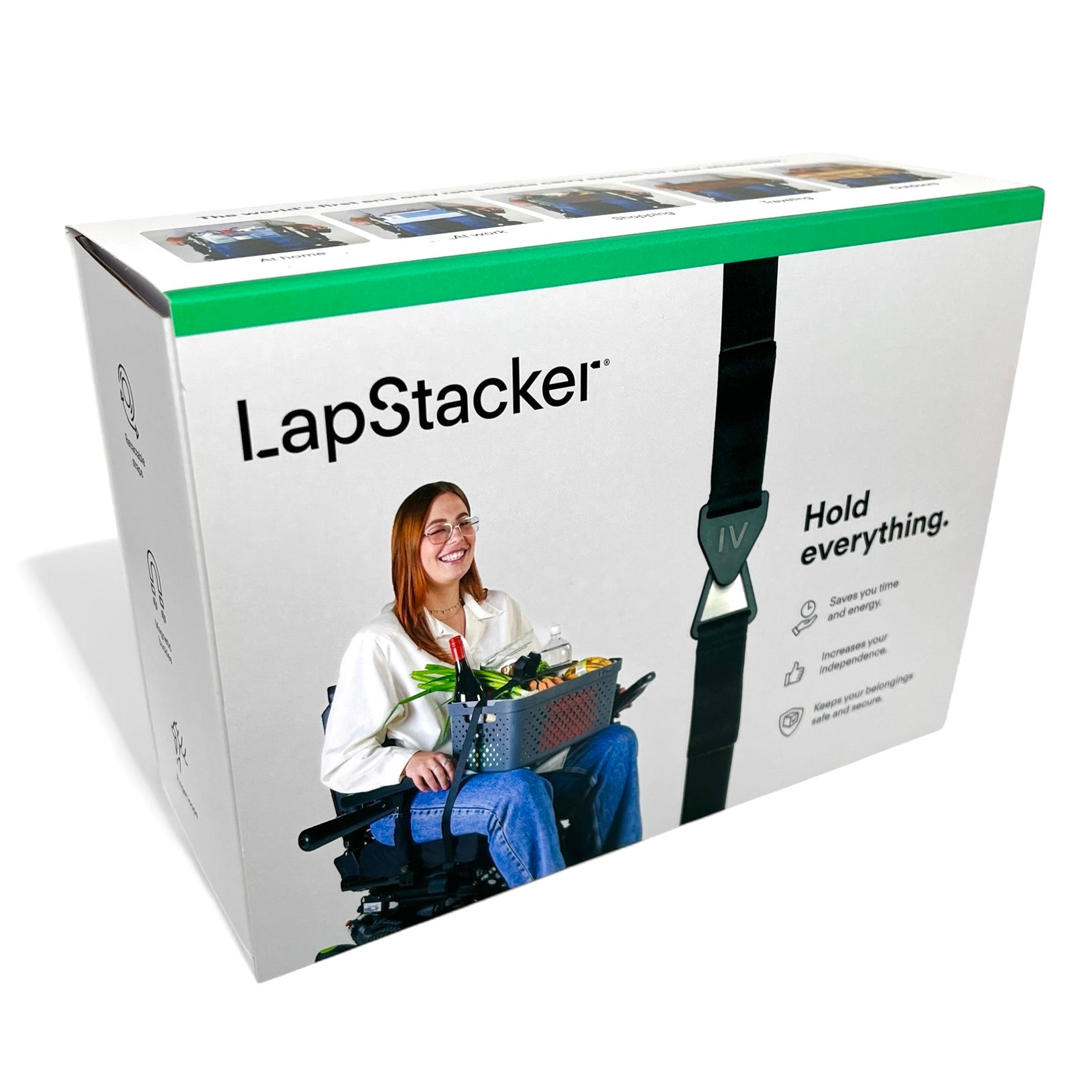 LapStacker product packaging front sleeve showing a person using it on a white background