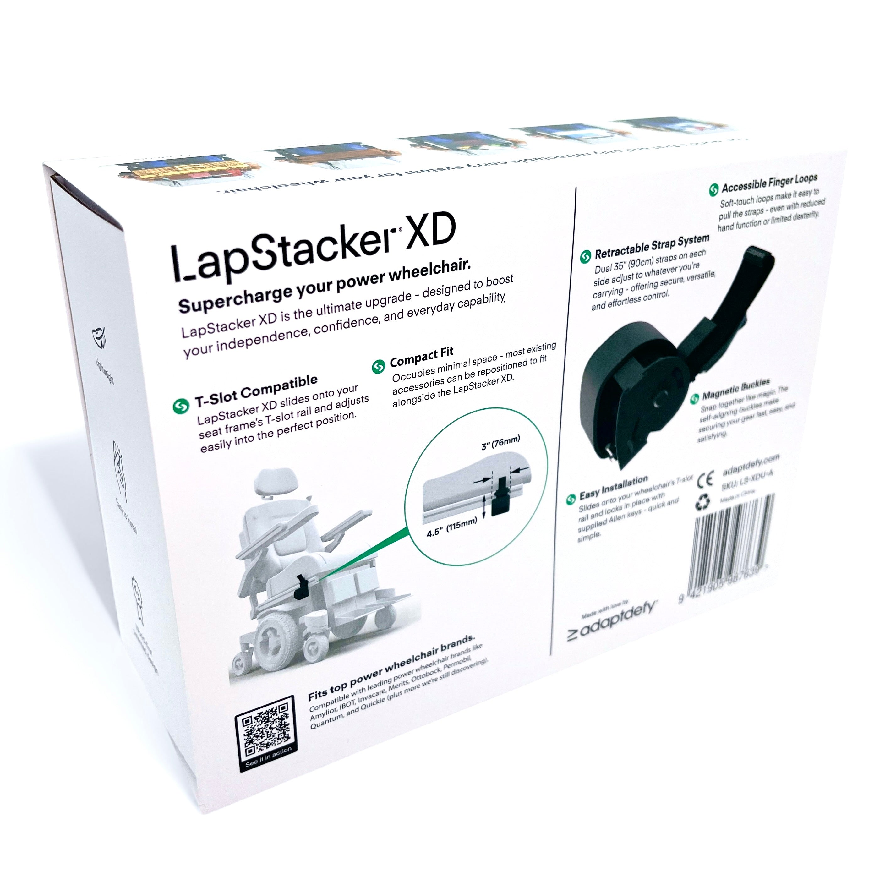 LapStacker XD packaging sleeve rear showing product illustration and text on a white background