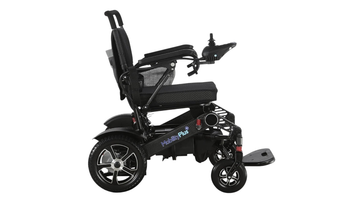 Side view of a Mobility Plus light weight powerchair in black when referencing if a LapStacker Flex will fit. 